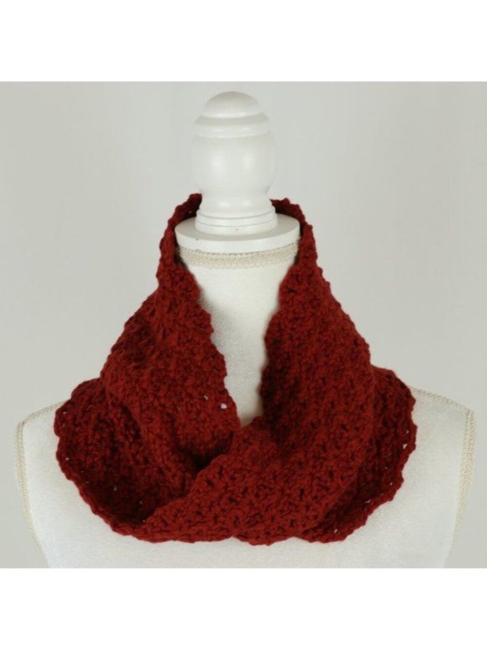 Handmade Adult Unisex Red Crochet Organic Cotton Scalloped Infinity Cowl Scarf